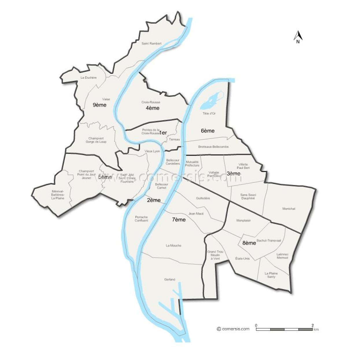 kort af Lyon hverfis